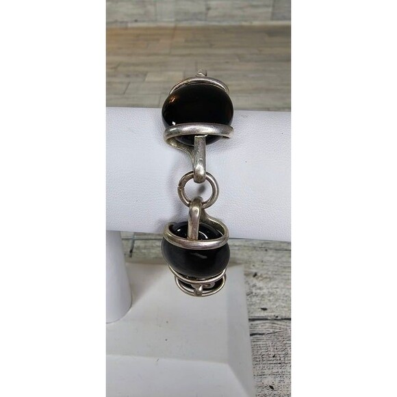 Handmade Silver Tone Square Onyx Black Art Glass Reversible Link Bracelet - Picture 3 of 5